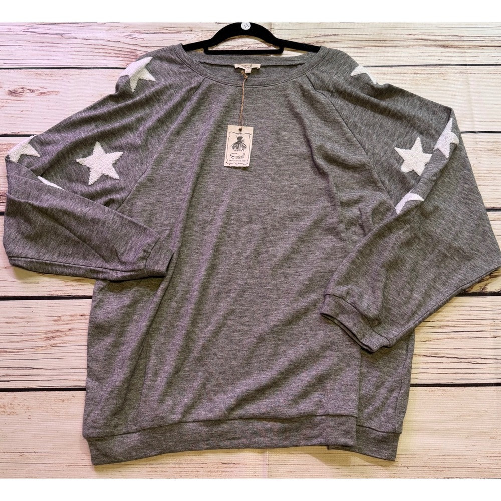 Easel Gray Star Patch Raglan Sweatshirt Plus Size 3X NWT Heather Gray Top